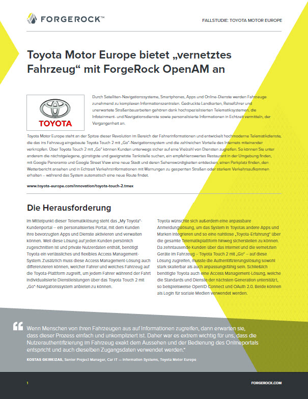 Toyota Motor Europe bietet „vernetztes Fahrzeug“ mit ForgeRock OpenAM an